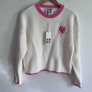 Kerri Rosenthal Ribbed White & Pink Trim Heart Crew
Neck Sweater